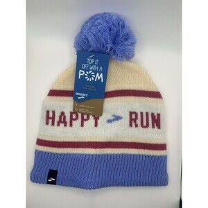 Brooks Run Happy Heritage Pom Beanie Sand Blue Red Unisex One Size NWT